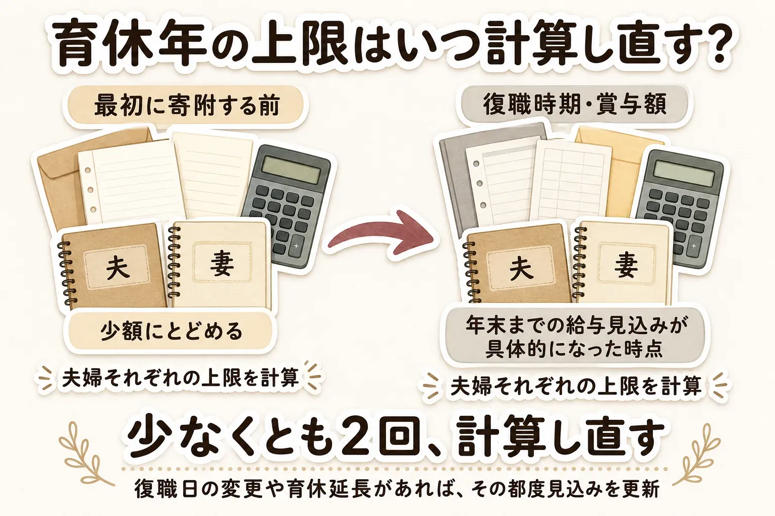 育休年の上限を、最初に寄附する前と復職時期・賞与額・年末までの給与見込みが具体的になった時点の少なくとも2回、夫婦それぞれについて計算し直す流れ。復職日の変更や育休延長があれば、その都度見込みを更新する