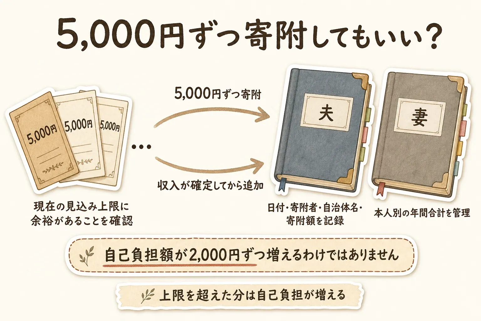 5,000円ずつの寄附は現在の見込み上限に余裕があることを確認して進め、収入が確定してから追加する。日付・寄附者・自治体名・寄附額を記録し、夫婦それぞれの年間合計を管理する