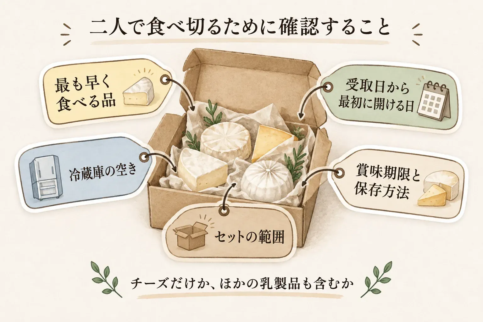 二人でチーズ詰め合わせを食べ切るために、最も早く食べる品、冷蔵庫の空き、受取日から最初に開ける日、賞味期限と保存方法、チーズ以外の乳製品を含むセット範囲を確認する図