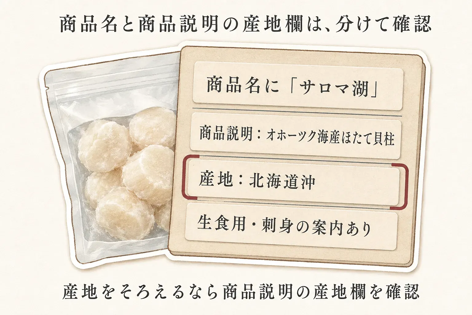 商品名と産地表示を照合する図。商品名にサロマ湖・湧別町とあっても、商品説明の産地欄がオホーツク海産・北海道沖なら、サロマ湖産と断定せず別の候補として扱うことを示す。