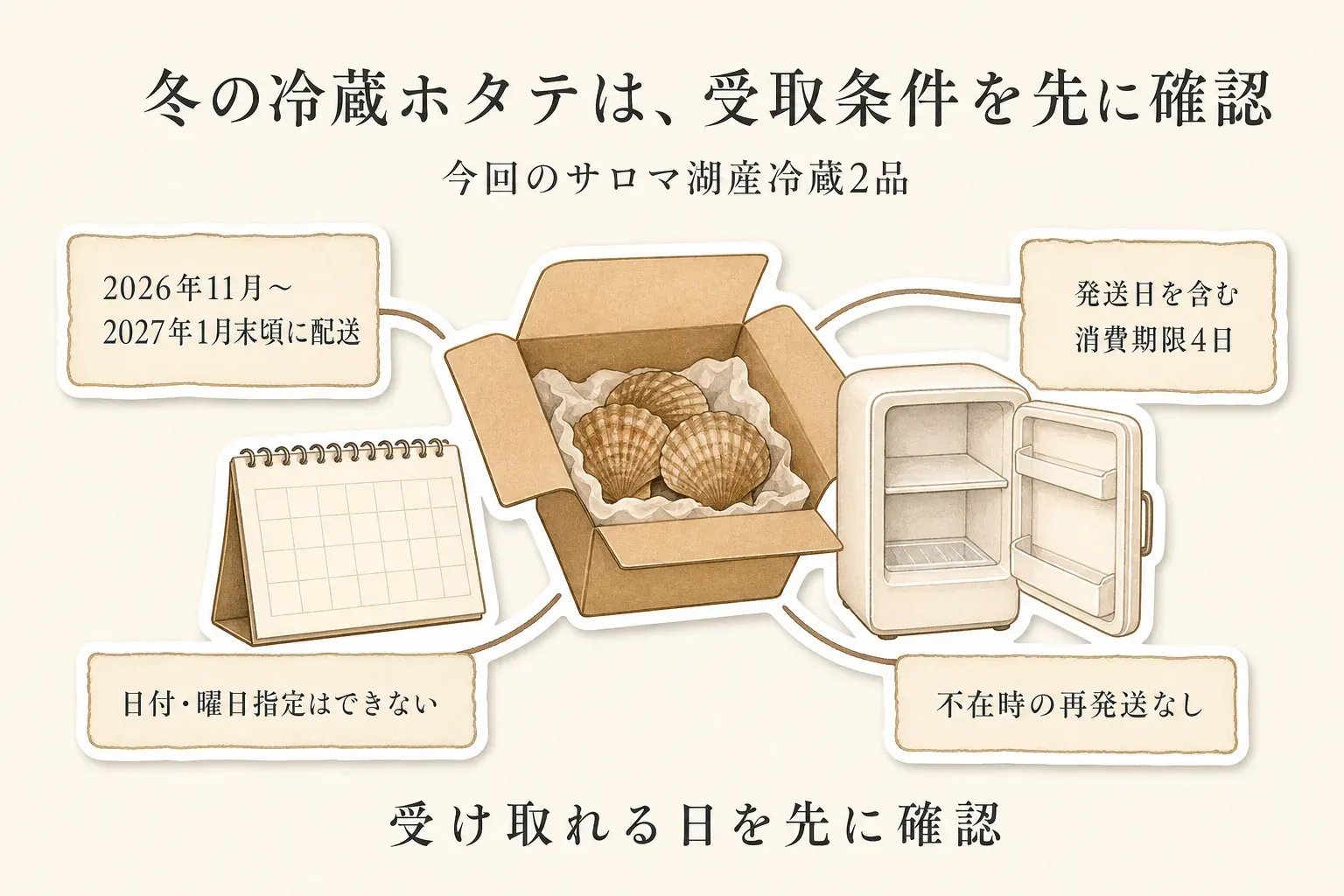 今回のサロマ湖産冷蔵ホタテ2品は2026年11月から2027年1月末頃に配送され、発送日を含む消費期限は4日、日付・曜日指定はできず、不在時の再発送もないため、受け取れる日を先に確認することを示す図