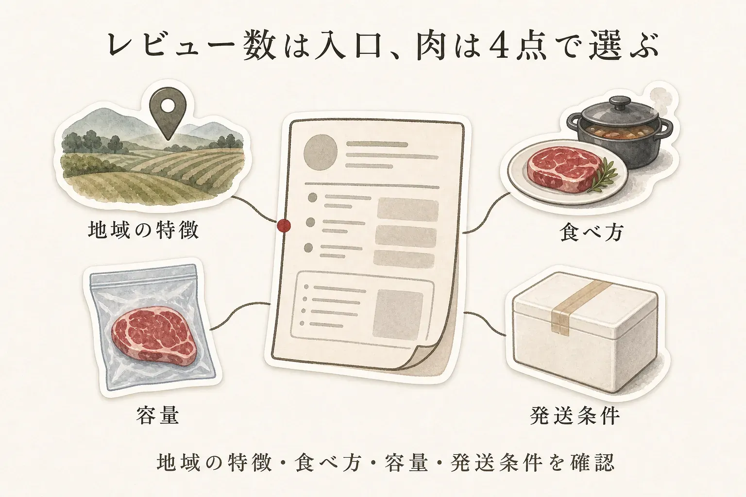 レビュー数を入口に肉返礼品を選び、地域の特徴・食べ方・容量・発送条件の4点を確認する図