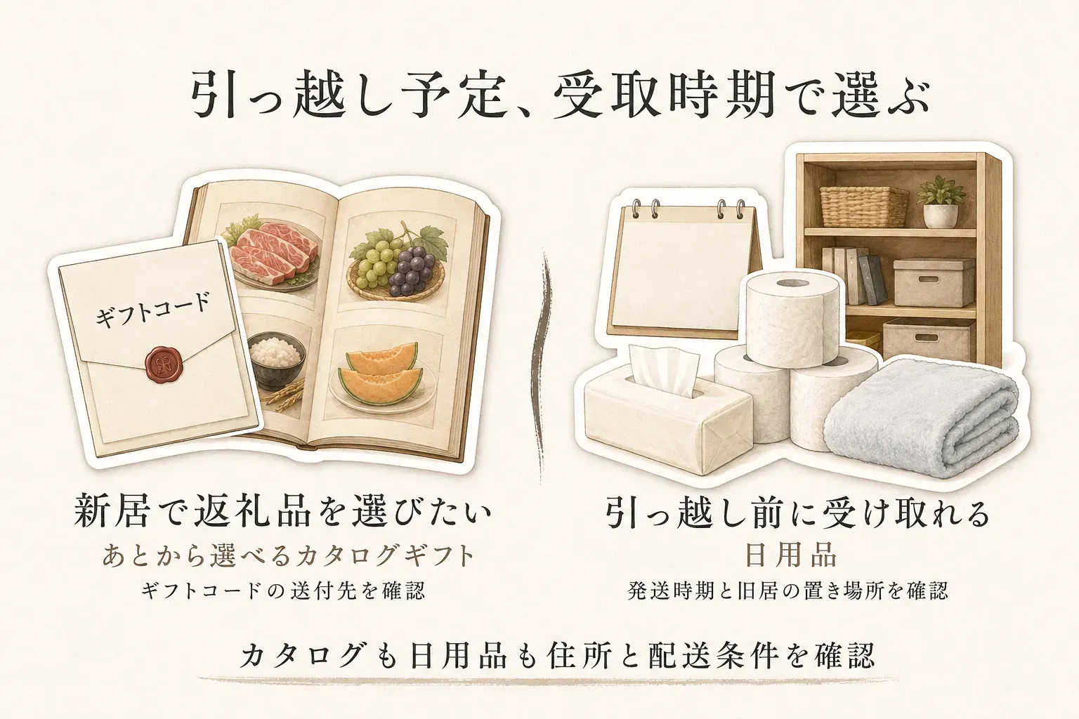 引っ越し予定の返礼品を受取時期で選ぶ図。新居で返礼品を選びたい場合は、ギフトコードの送付先を確認してあとから選べるカタログギフトを選ぶ。引っ越し前に受け取れる場合は、発送時期と旧居の置き場所を確認して日用品を選ぶ。どちらも住所と配送条件を確認する。