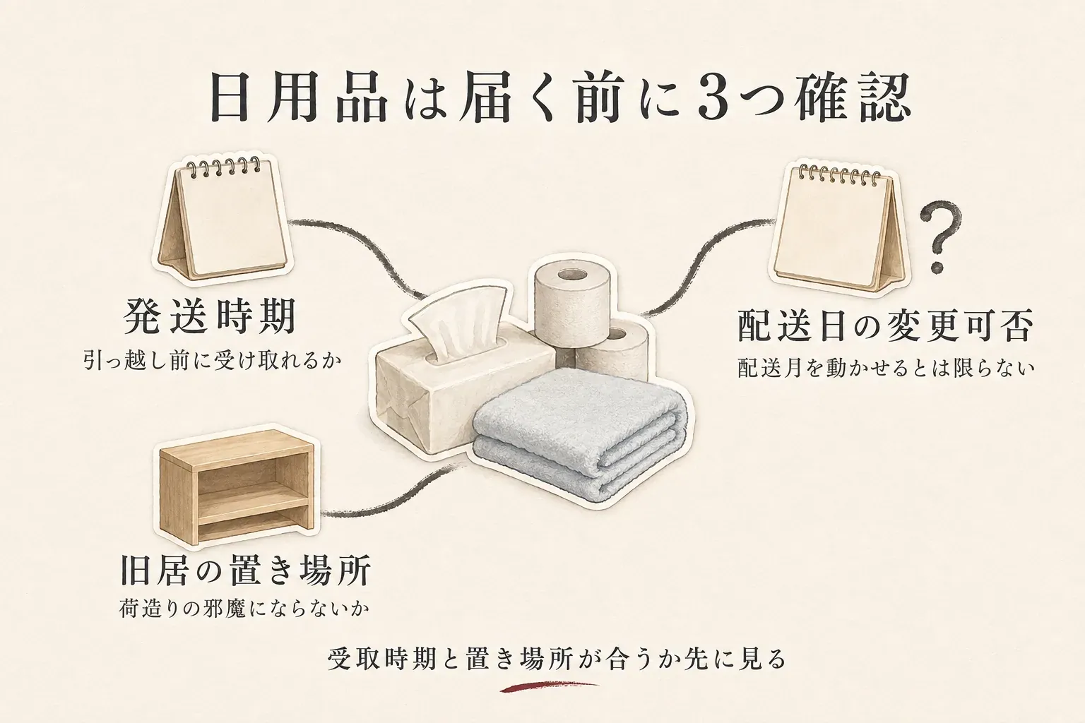引っ越し前に日用品を受け取る際の3つの確認事項を示す図。引っ越し前に受け取れる発送時期、配送月を動かせるとは限らない配送日の変更可否、荷造りの邪魔にならない旧居の置き場所を確認し、受取時期と置き場所が合うかを先に判断する。