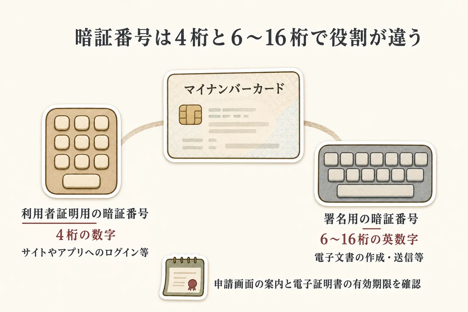 マイナンバーカードで使う暗証番号の違い。利用者証明用はサイトやアプリへのログイン等に使う4桁の数字、署名用は電子文書の作成・送信等に使う6〜16桁の英数字で、申請画面の案内と電子証明書の有効期限を確認する。出典：マイナンバーカード総合サイト、政府広報オンライン