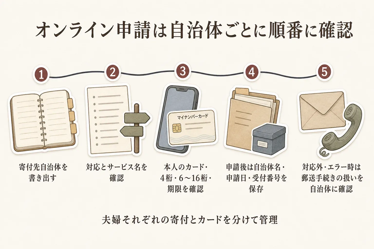 オンラインでワンストップ特例を申請する5つの確認手順。寄付先自治体を書き出し、対応とサービス名を確認し、本人のマイナンバーカード・4桁・6〜16桁の暗証番号・有効期限を確認する。申請後は自治体名・申請日・受付番号を保存し、対応外やエラー時は郵送手続きの扱いを自治体に確認する。夫婦それぞれの寄付とカードを分けて管理する