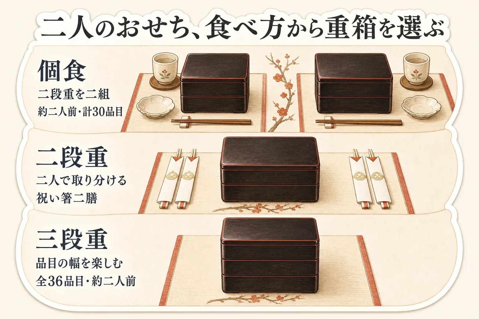 夫婦二人のおせちは、二段重を二組にした約二人前・計30品目の個食、二人で取り分ける祝い箸二膳付きの二段重、品目の幅を楽しむ全36品目・約二人前の三段重から、食べ方に合わせて重箱を選ぶことを示す図