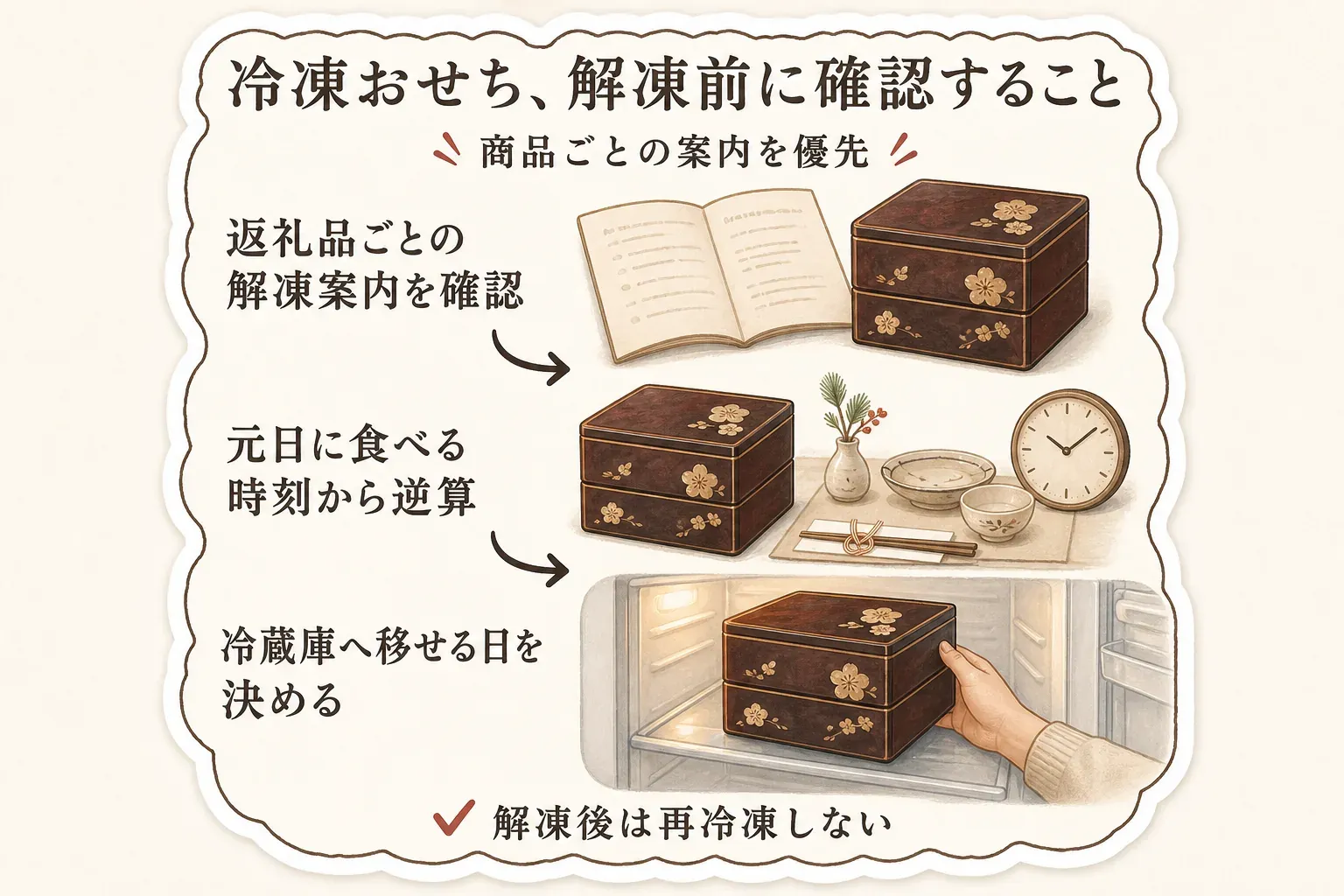 冷凍おせちは返礼品ごとの解凍案内を優先し、元日に食べる時刻から逆算して冷蔵庫へ移す日を決め、解凍後は再冷凍しないことを示す図