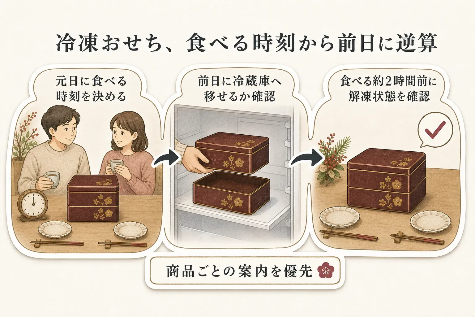 冷凍おせちは元日に食べる時刻を決め、前日に冷蔵庫へ移せるか確認し、食べる約2時間前に解凍状態を確認する流れを示す図。商品ごとの案内を優先する
