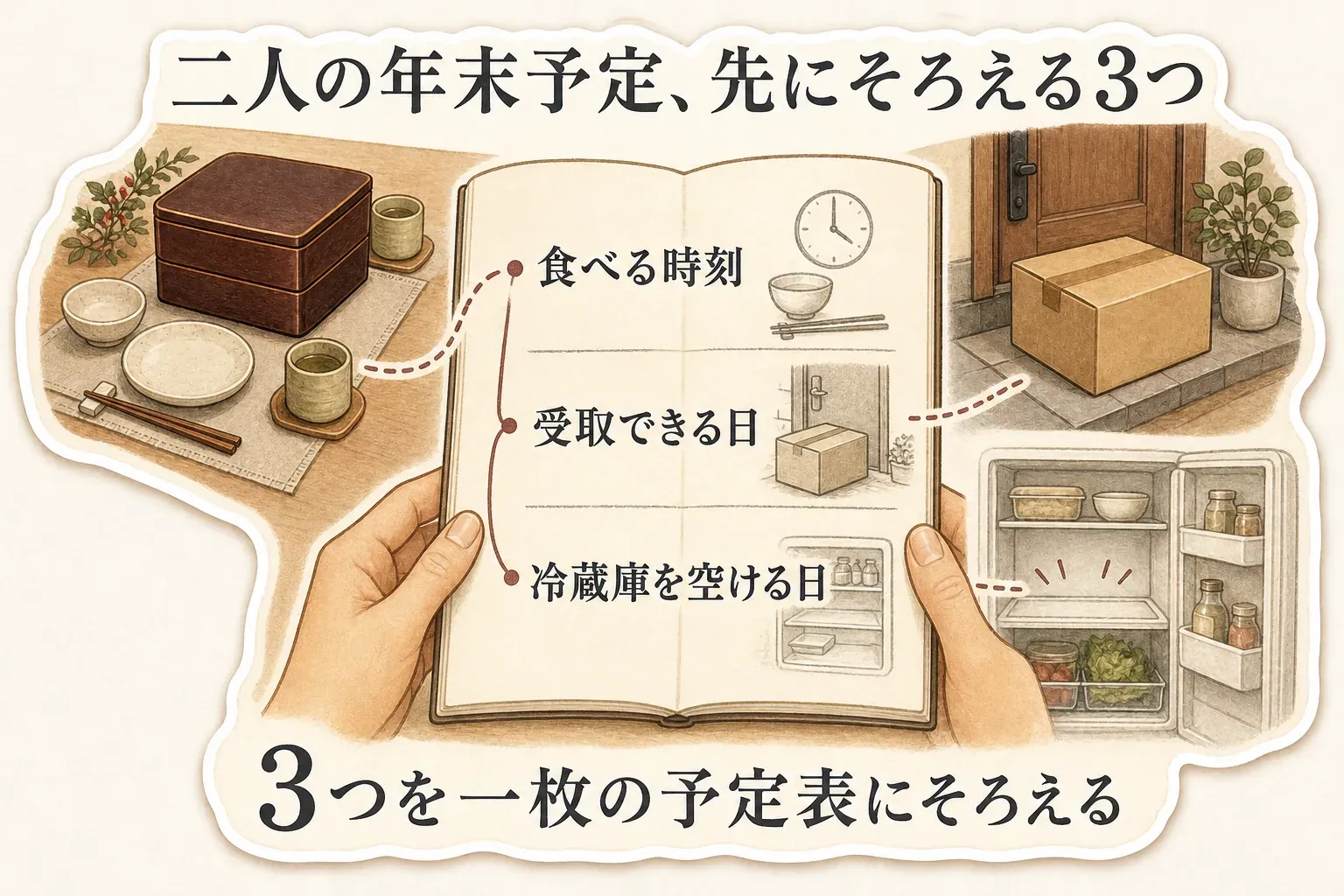 夫婦二人のおせち選びでは、食べる時刻、受取できる日、冷蔵庫を空ける日の3つを一枚の予定表にそろえ、受取と保管の段取りを確認することを示す図