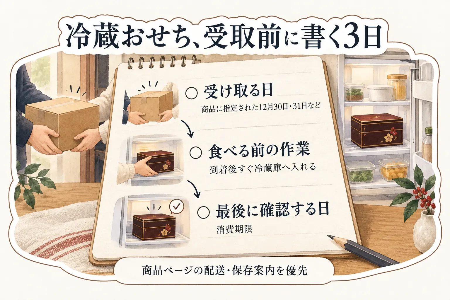 冷蔵おせちについて、商品に指定された12月30日・31日などの受取日、到着後すぐ冷蔵庫へ入れる食べる前の作業、消費期限を確認する最後の日の3日を受取前に予定表へ書く図。商品ページの配送・保存案内を優先する