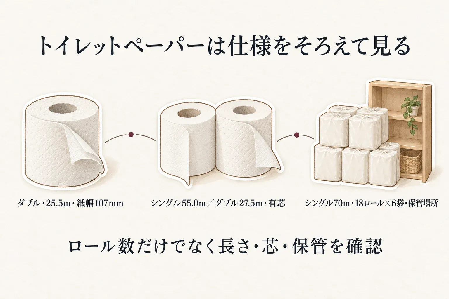 トイレットペーパーの仕様と保管場所の比較。ダブル25.5m・紙幅107mm、シングル55.0m／ダブル27.5m・有芯、シングル70m・18ロール×6袋を示し、長さ・芯・保管場所を確認する図