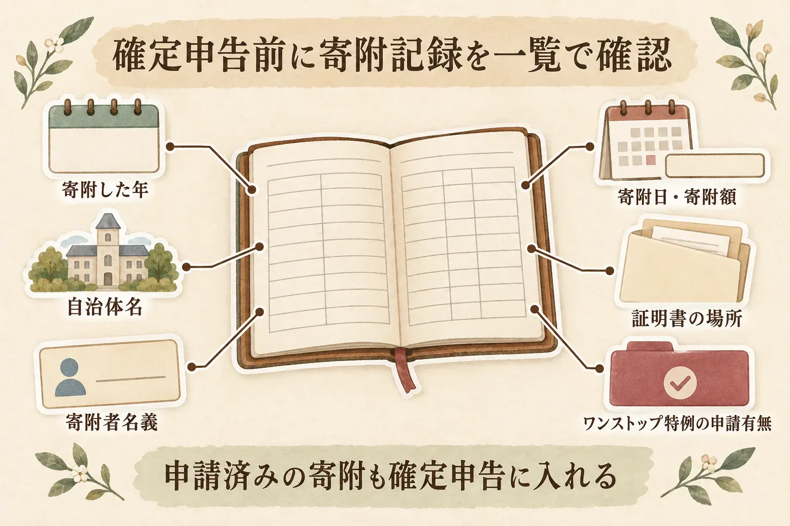 確定申告前に確認するふるさと納税の寄附記録。寄附した年、自治体名、寄附者名義、寄附日・寄附額、証明書の場所、ワンストップ特例の申請有無を一覧にし、申請済みの寄附も確定申告に入れることを示す図
