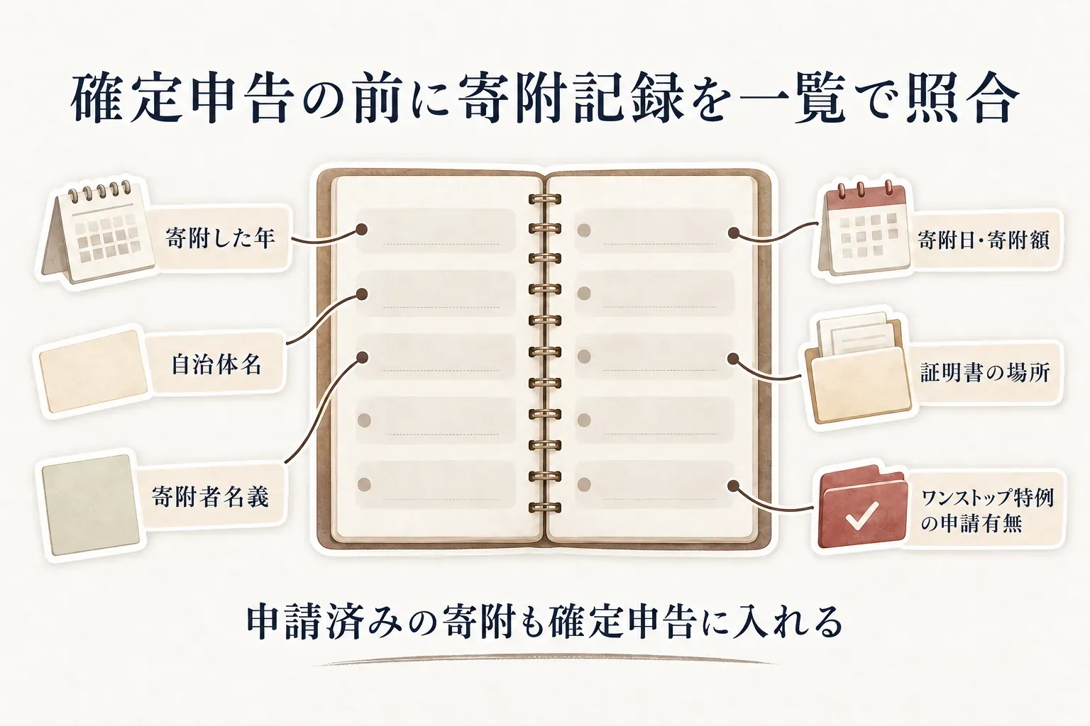 確定申告前のふるさと納税の寄附記録の照合項目。寄附した年、自治体名、寄附者名義、寄附日・寄附額、証明書の場所、ワンストップ特例の申請有無を一覧で確認し、申請済みの寄附も確定申告に入れることを示す図