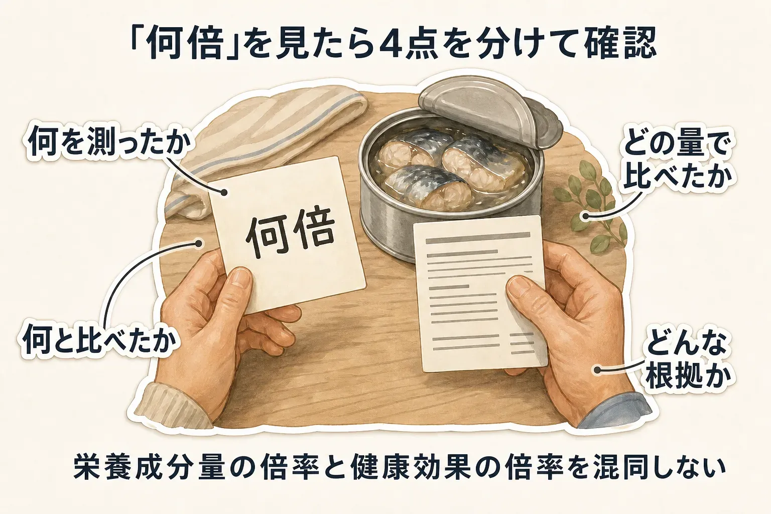 サバ水煮缶と『何倍』と書かれた札を前に、何を測ったか、何と比べたか、どの量で比べたか、どんな根拠かの4点を確認し、栄養成分量の倍率と健康効果の倍率を混同しないよう示す図