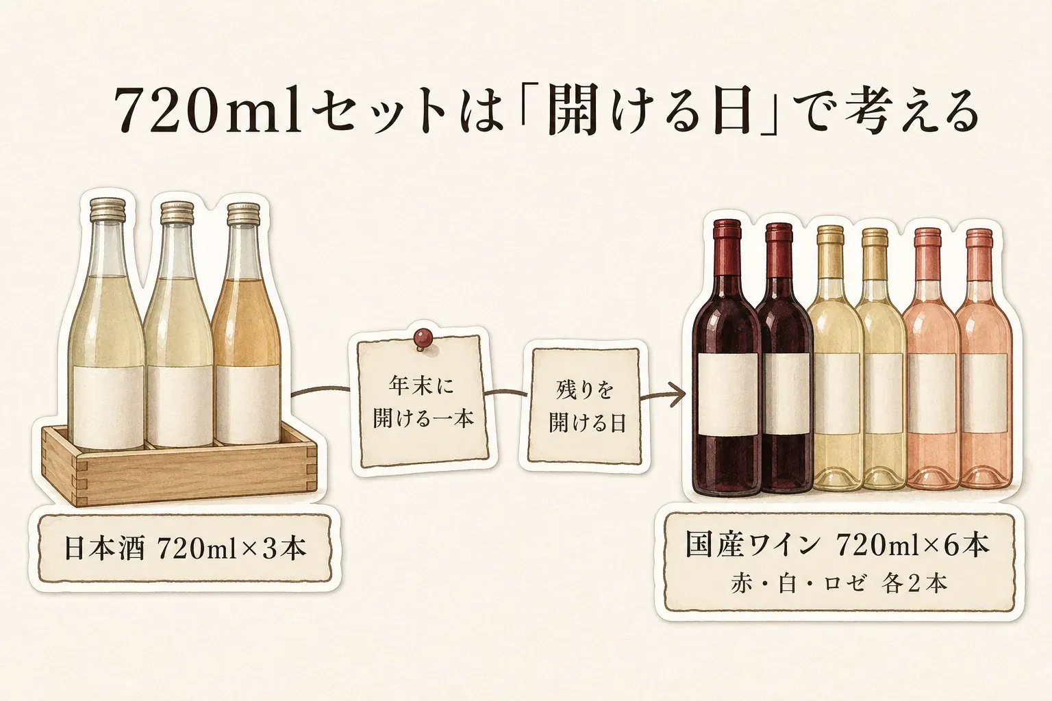 720mlセットは開ける日で考えることを示す図。日本酒720ml×3本と、赤・白・ロゼ各2本の国産ワイン720ml×6本について、年末に開ける一本と残りを開ける日を分けて計画する流れ