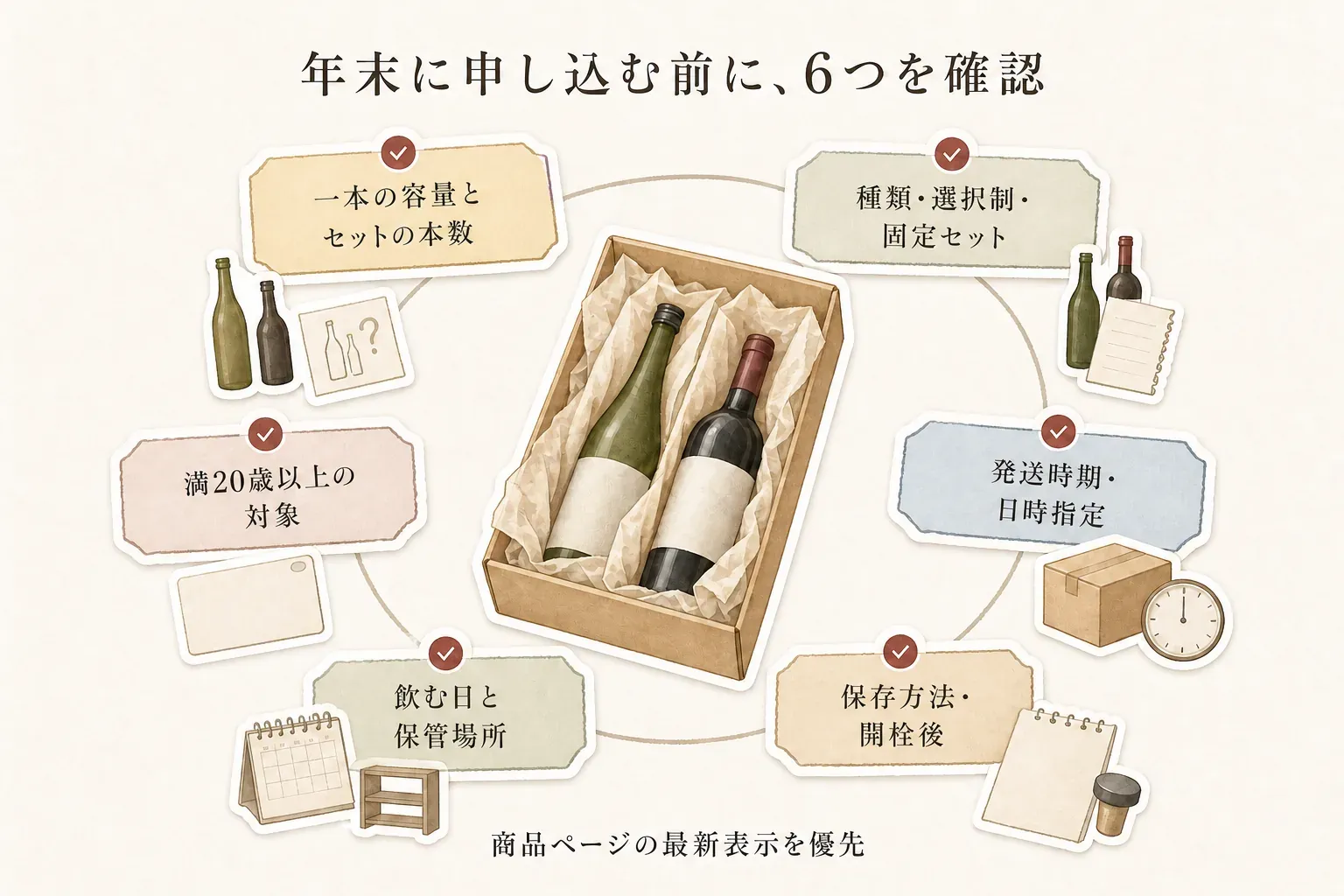 年末に酒類の返礼品を申し込む前の6つの確認事項を示す図。一本の容量とセット本数、種類・選択制・固定セット、発送時期・日時指定、保存方法・開栓後、飲む日と保管場所、満20歳以上が対象であることを商品ページの最新表示で確認する