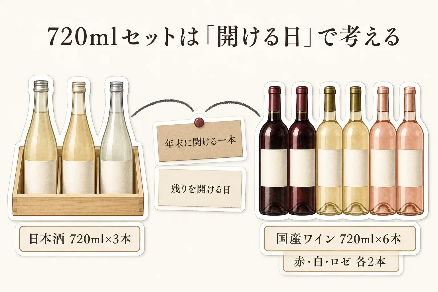 720mlセットは開ける日で考えることを示す図。日本酒720ml×3本と赤・白・ロゼ各2本の国産ワイン720ml×6本について、年末に開ける一本と残りを開ける日を分けて計画する流れ