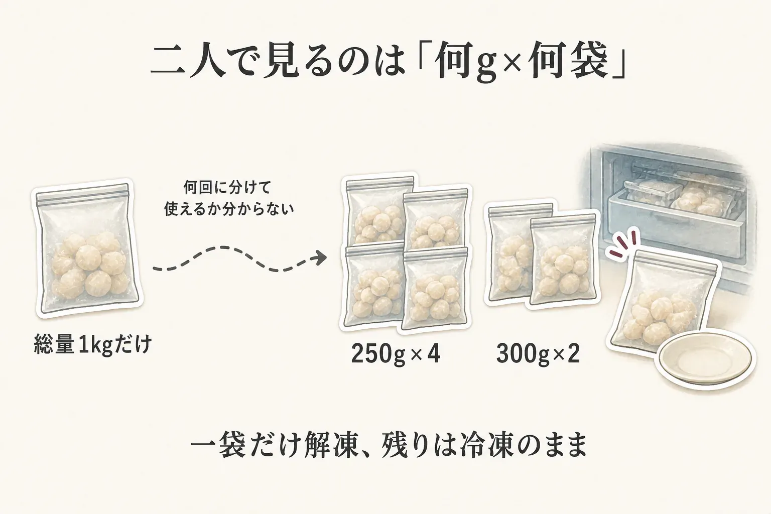 刺身用ホタテを夫婦二人で選ぶ際は、総量1kgだけでは使う回数が分からないため、250g×4袋や300g×2袋のように何g×何袋かを確認し、一袋だけ解凍して残りは冷凍のまま保管することを示す図