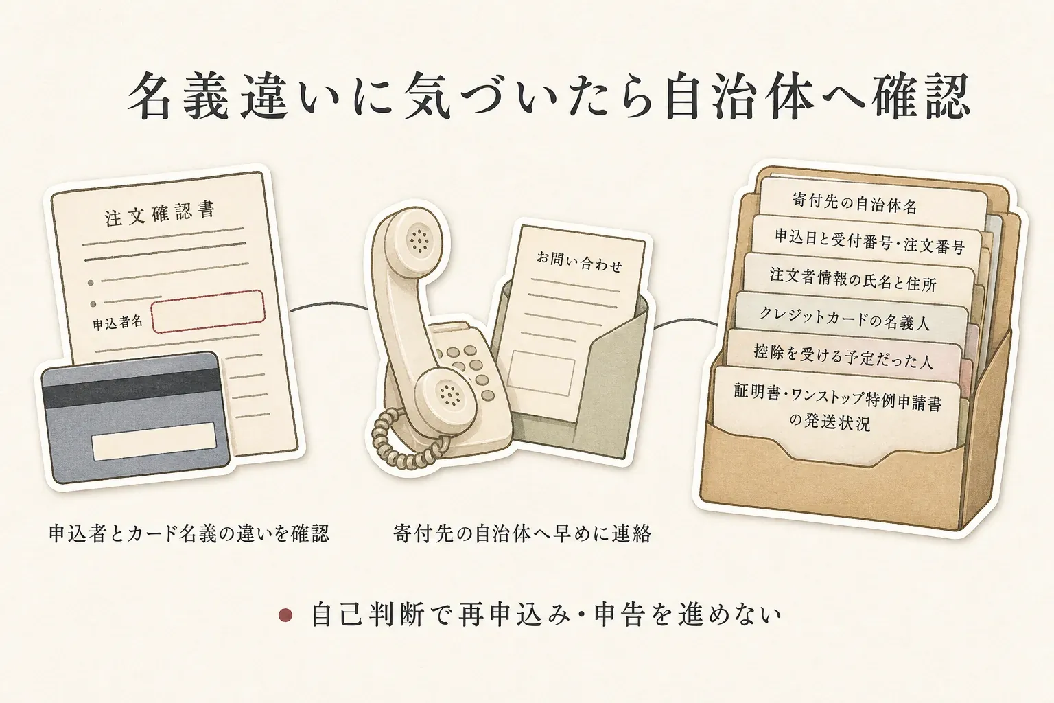 申込者とクレジットカードの名義が違うことに気づいたら、寄付先自治体へ連絡する。連絡時には自治体名、申込日・受付番号または注文番号、注文者情報の氏名・住所、カード名義人、本来控除を受ける予定だった人、寄附金受領証明書・ワンストップ特例申請書の発送状況を伝える流れ