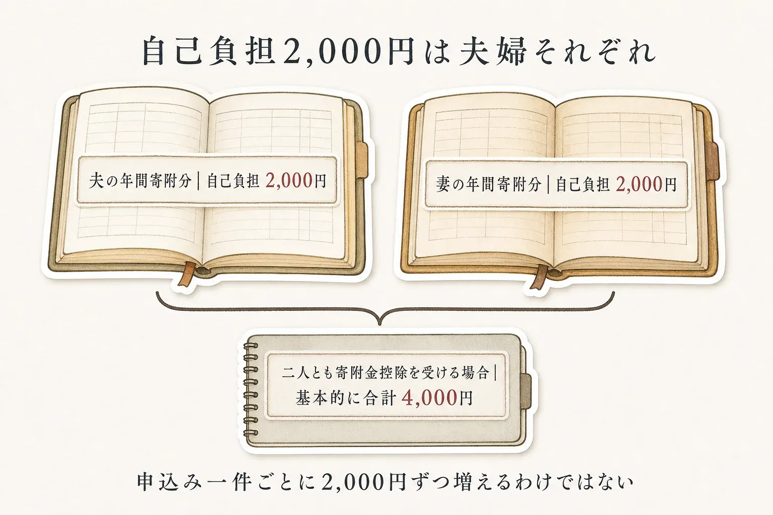 ふるさと納税の自己負担は寄附1件ごとではなく、本人がその年に行った寄附の合計に対して2,000円が基準となる図。夫婦がそれぞれ控除を受ける場合は、夫2,000円と妻2,000円で合計4,000円となる