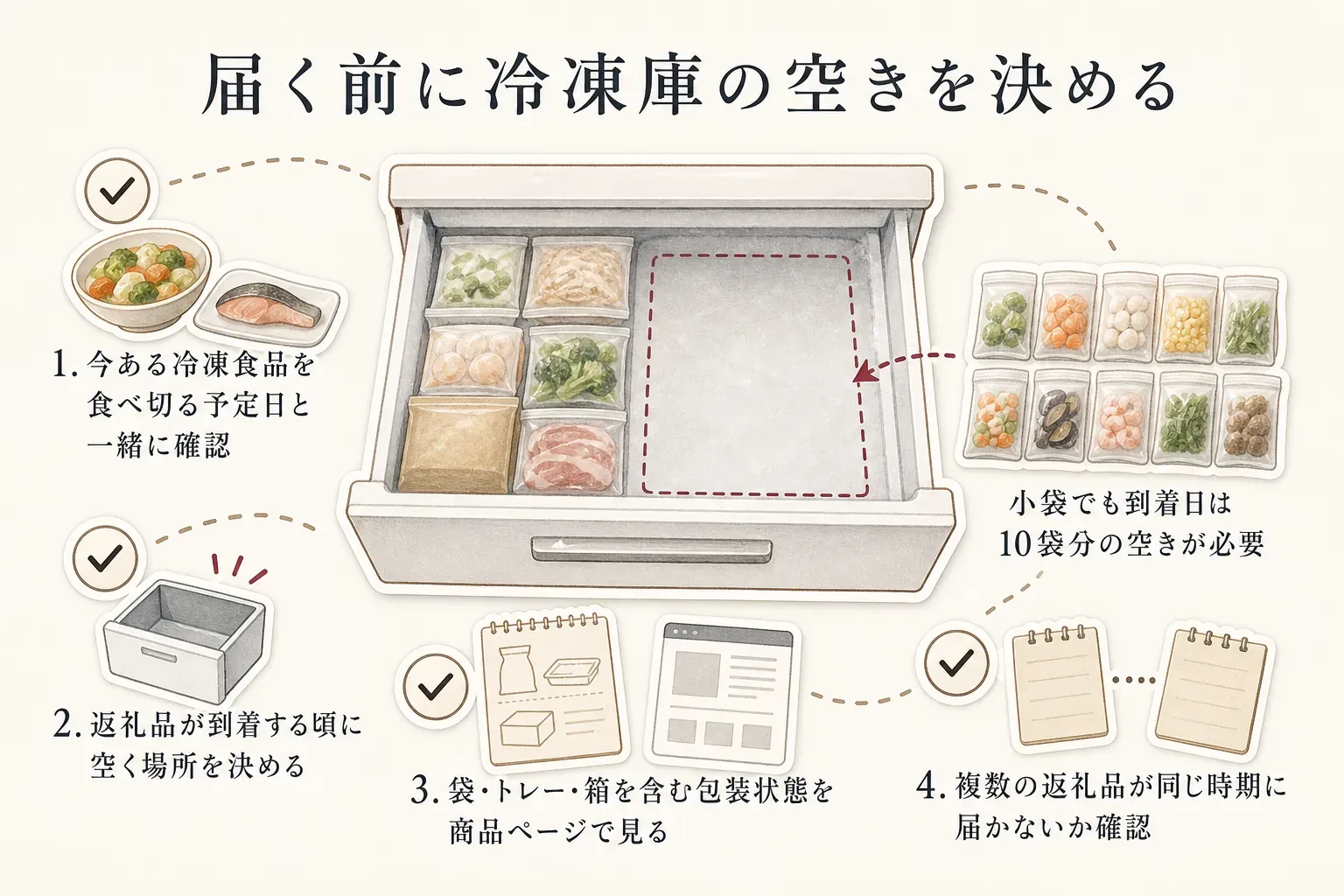 冷凍返礼品が届く前に、今ある冷凍食品の食べ切る予定日を確認し、到着時に空く場所を決め、袋・トレー・箱を含む包装状態を商品ページで見て、複数の返礼品が同じ時期に届かないか確認する4つの手順を示す図