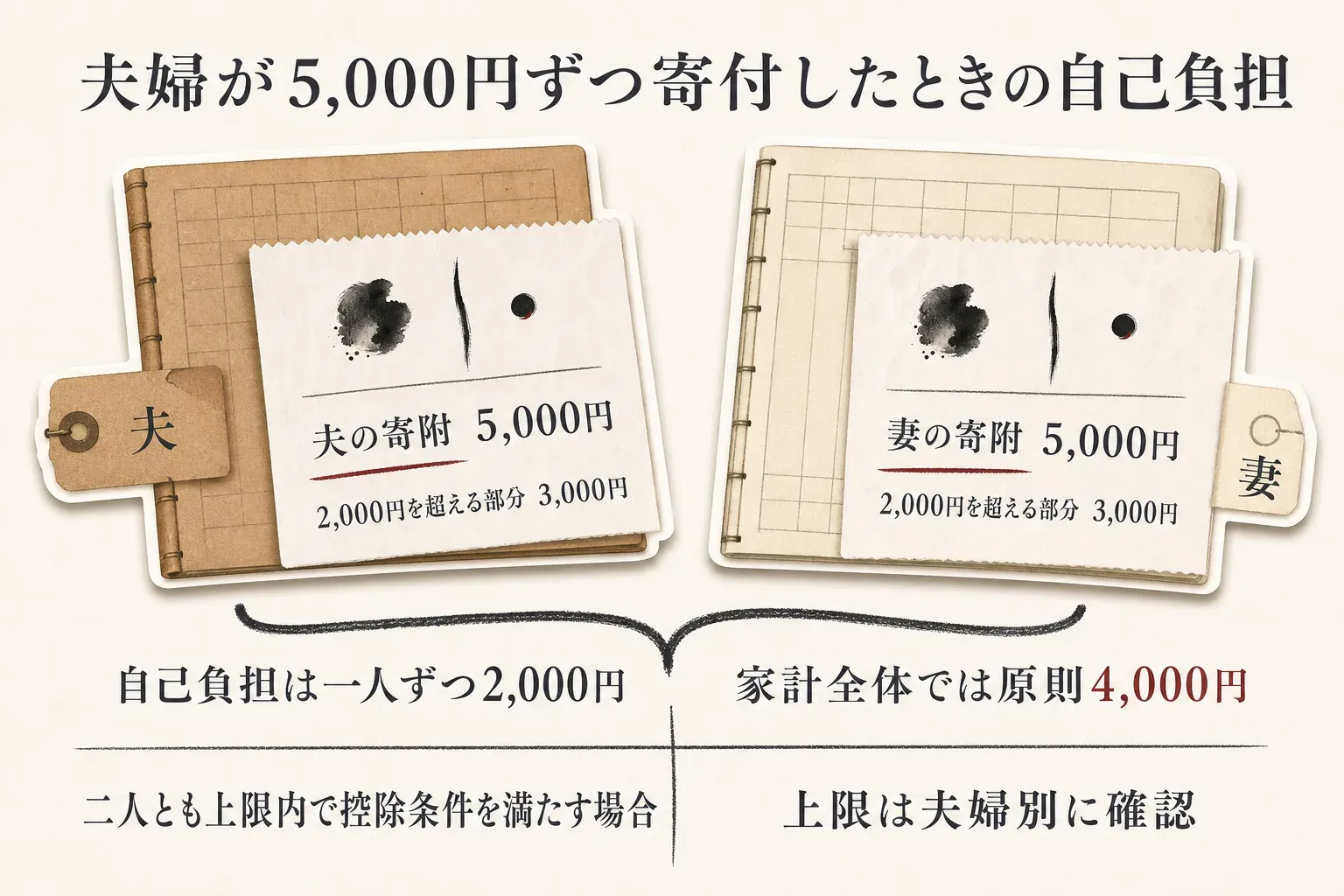 夫婦が同じ自治体へ5,000円ずつ寄付し、二人とも控除上限額内の場合、夫は年間寄付額5,000円から2,000円を除いた3,000円、妻も3,000円が控除対象となり、自己負担は夫婦で各2,000円、合計4,000円となる図