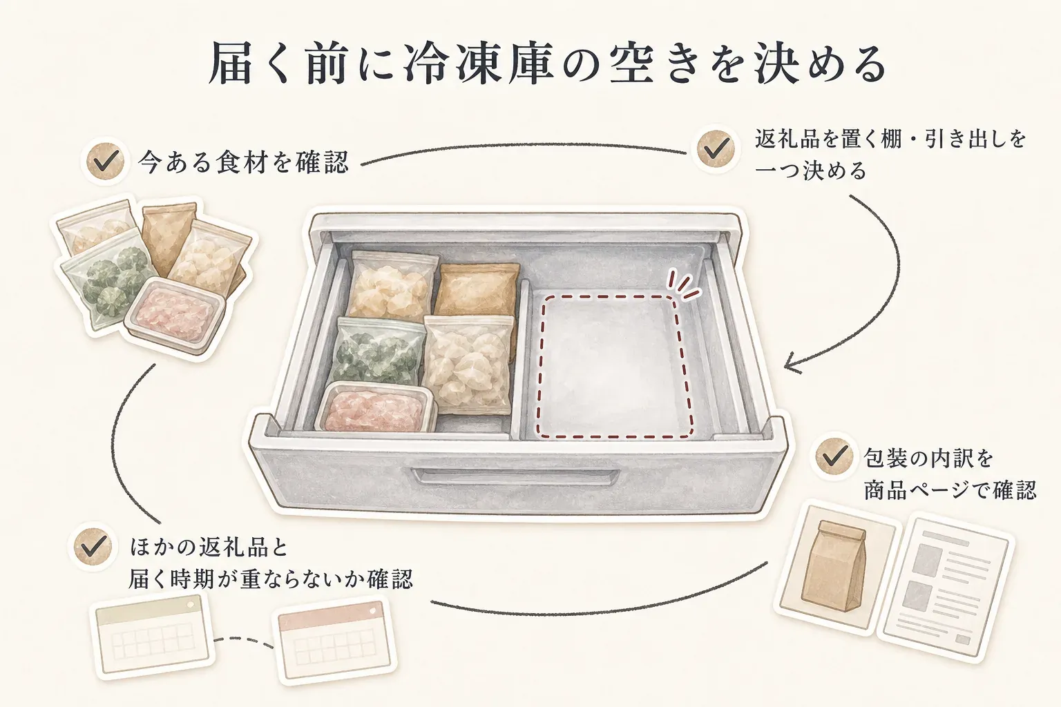 魚・牛肉・かにについて、一度に開封する量、食べる予定回数、届く時期、冷凍庫の保存場所を予定表にして、複数の返礼品が同時期に届かないよう調整する図