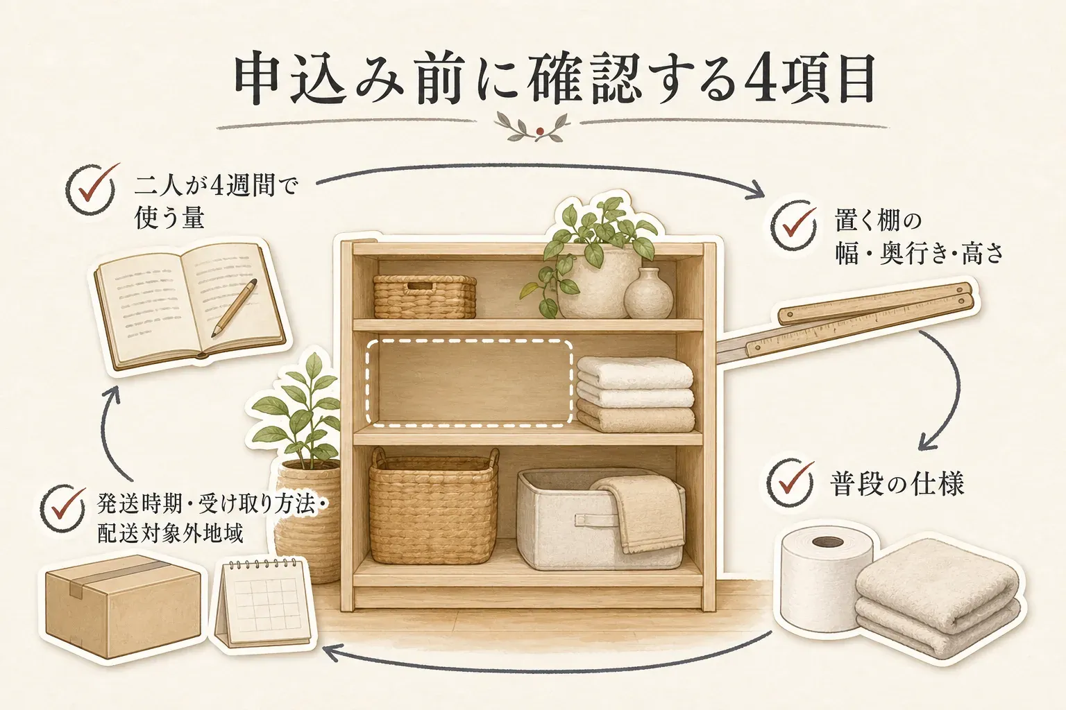 日用品の申込み前に確認する4項目を示す図。二人が4週間で使う量、置く棚の幅・奥行き・高さ、トイレットペーパーやタオルの普段の仕様、発送時期・受け取り方法・配送対象外地域を、収納棚・巻尺・紙製品・段ボールとカレンダーのイラストで確認する