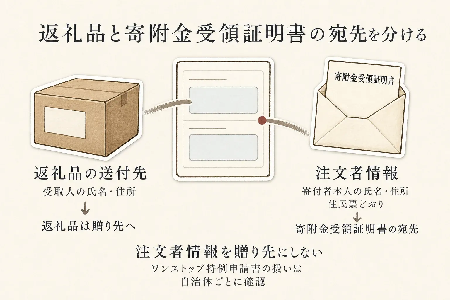 楽天ふるさと納税で、返礼品の送付先には受取人の氏名・住所を指定して贈り先へ届け、注文者情報には寄付者本人の住民票どおりの氏名・住所を入力して寄附金受領証明書を受け取る、二つの宛先の分け方を示す図。ワンストップ特例申請書の取扱いは自治体ごとに確認する