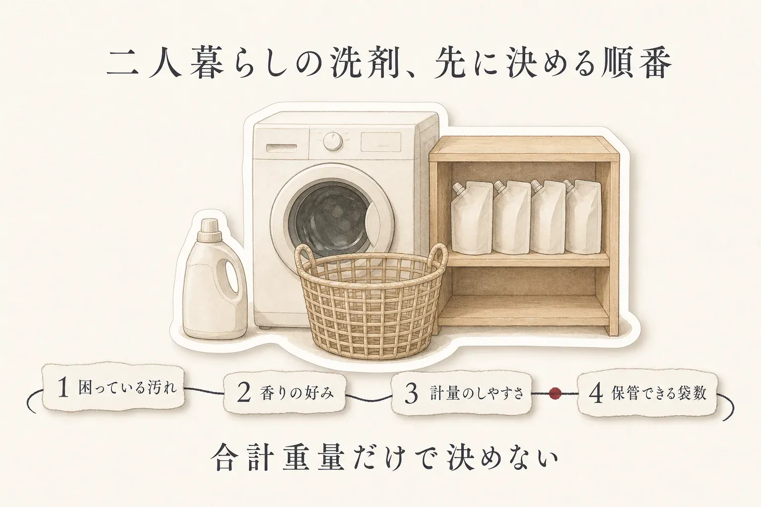 二人暮らしのふるさと納税の洗濯洗剤を選ぶ順番として、困っている汚れや室内干しのニオイを決め、香りの好みを確かめ、液体・粉末・せっけんの計量のしやすさを比べ、最後に未開封袋を保管できる場所と袋数を確認する流れを示す図