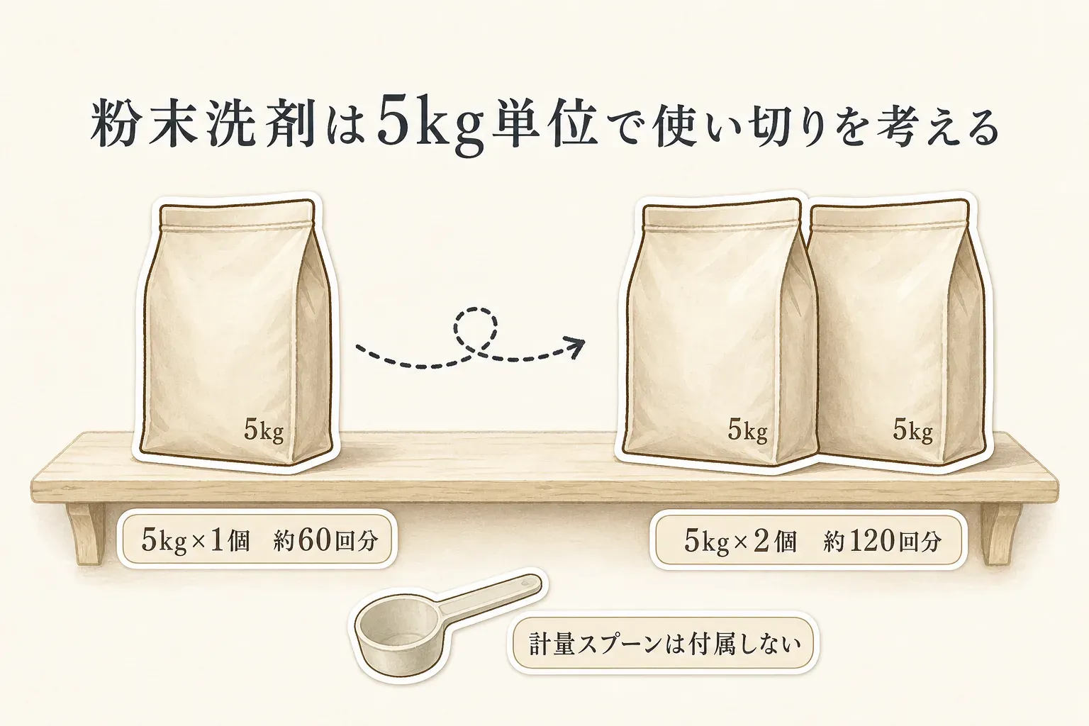 粉末洗剤は5kg単位で使い切りを考える図。5kg×1個は約60回分、5kg×2個は約120回分の例を示し、計量スプーンは付属しないことを併記している