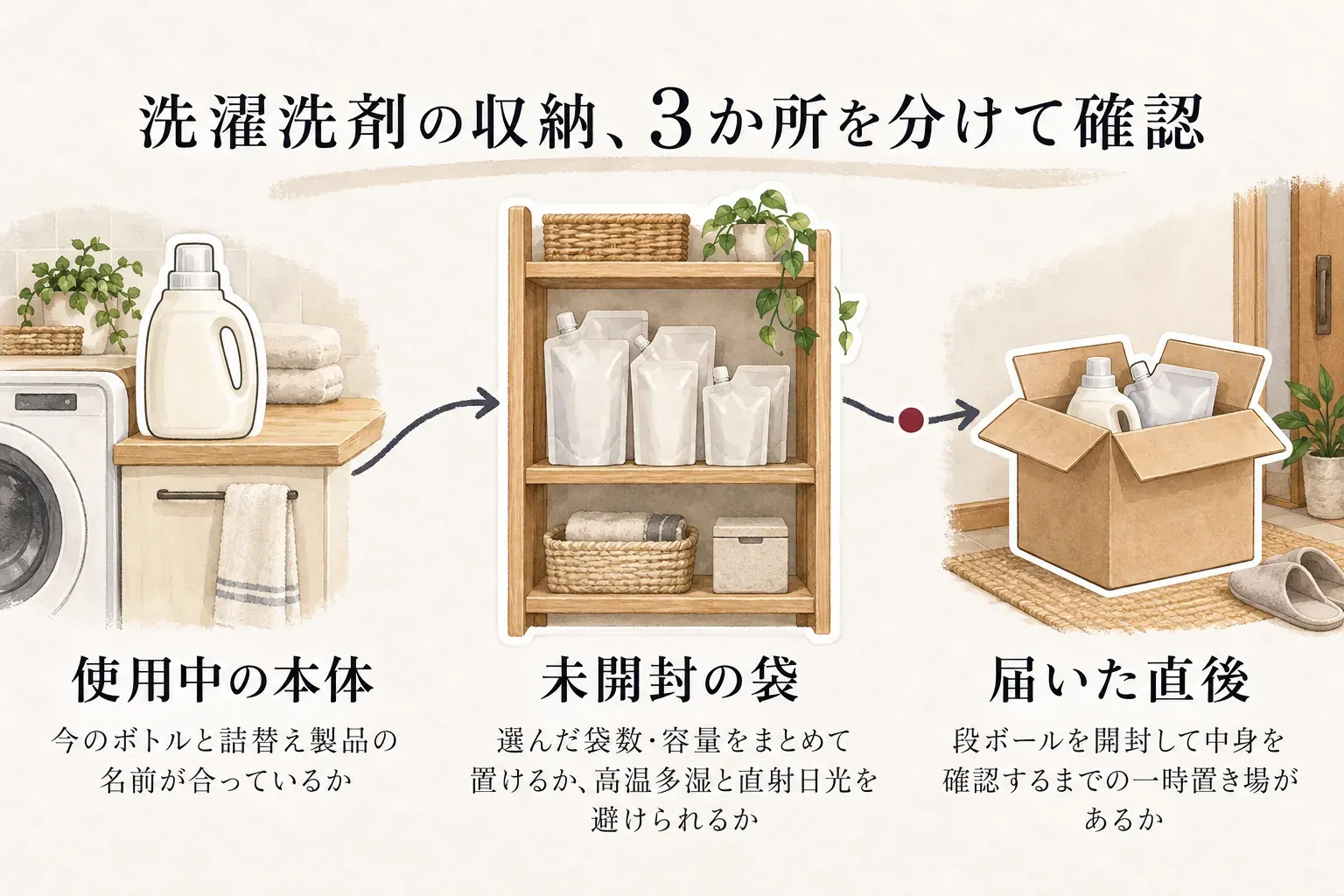 洗濯洗剤の収納を、使用中の本体・未開封の袋・届いた直後の3か所に分けて確認する図。使用中はボトルと詰替え製品名の一致、未開封は袋数と容量を置けて高温多湿・直射日光を避けられること、届いた直後は段ボールを開封して中身を確認するまでの一時置き場を確認する