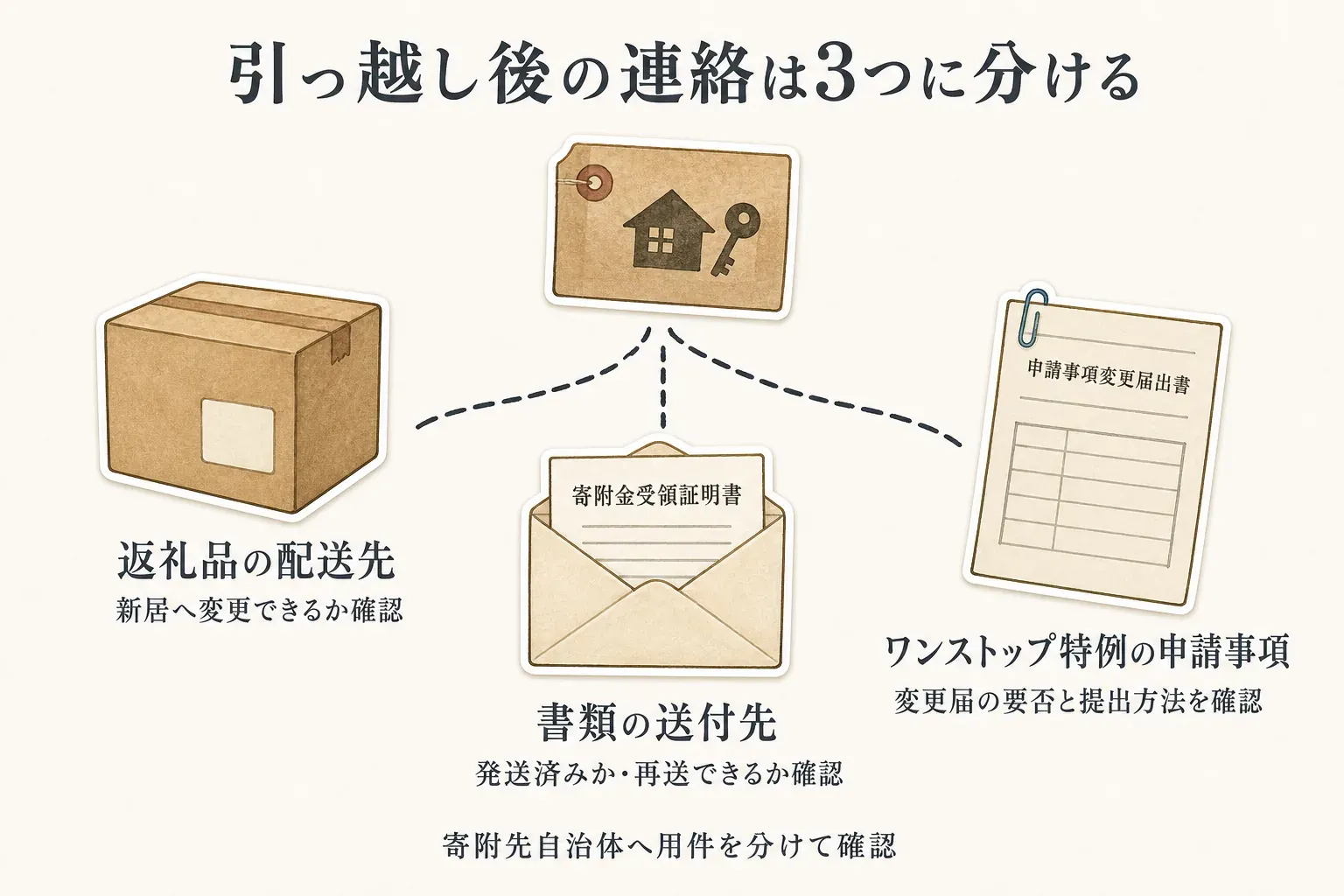 ふるさと納税で引っ越し予定がある場合に分けて確認する三つの住所として、返礼品を受け取る配送先、寄附金受領証明書などの書類の送付先、控除を受ける本人のワンストップ特例の申請事項を示し、それぞれ寄附先自治体へ確認することを説明する図