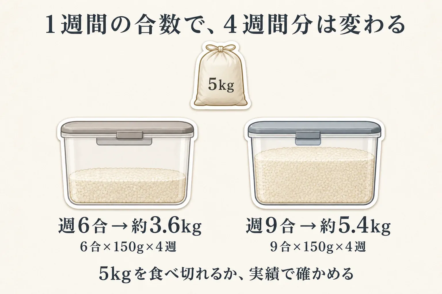 1週間の炊飯量による4週間分の消費量の違いを示す図。週6合では6合×150g×4週で約3.6kg、週9合では9合×150g×4週で約5.4kgとなり、5kgを食べ切れるかを実績で確かめる
