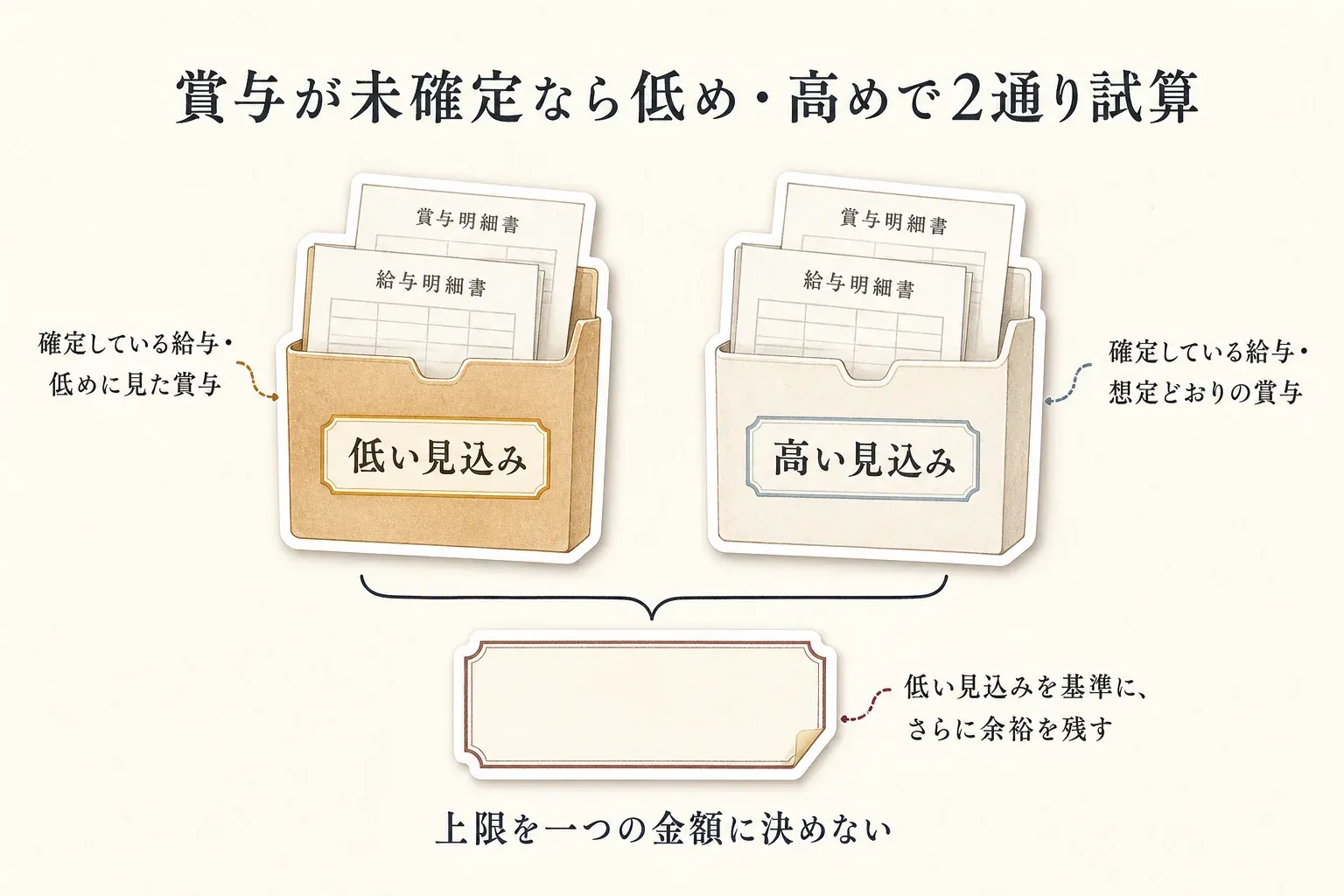 ふるさと納税の上限を、確定済みの給与と賞与の低い見込みで試算するケースと、想定どおり支給される賞与を含む高い見込みで試算するケースに分けて比較し、最初は低い見込み額を基準に余裕を残して申し込む図