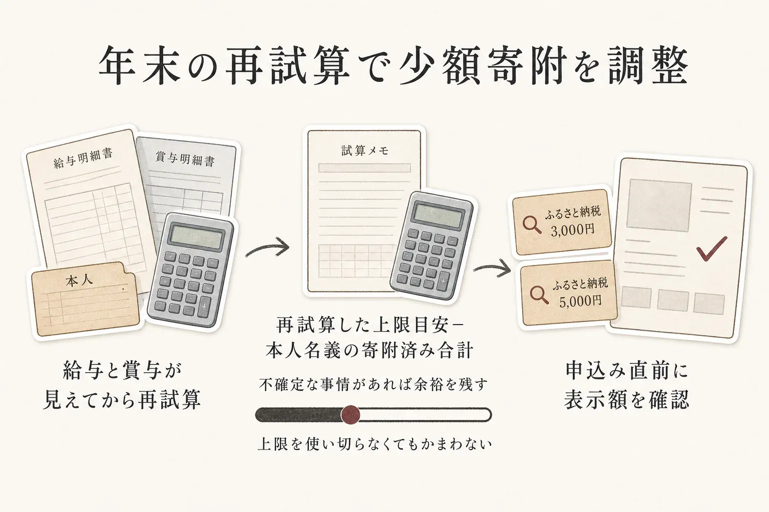 夫婦それぞれが低い年収見込みの上限から余裕を残して先に寄附し、賞与や年末の給与が見えてから再試算して、残りの枠を3,000円・5,000円などの少額寄附で調整する二段階の流れを示す図