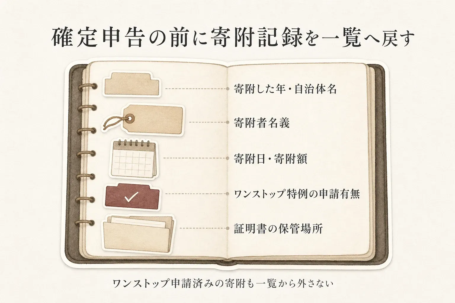 医療費控除で確定申告する年のふるさと納税の確認手順を示す図。ワンストップ特例の申請済みかで分けず、その年の全寄附を一覧に集め、寄附先・寄附額・寄附者名義・受領証明書を申告内容と照合する
