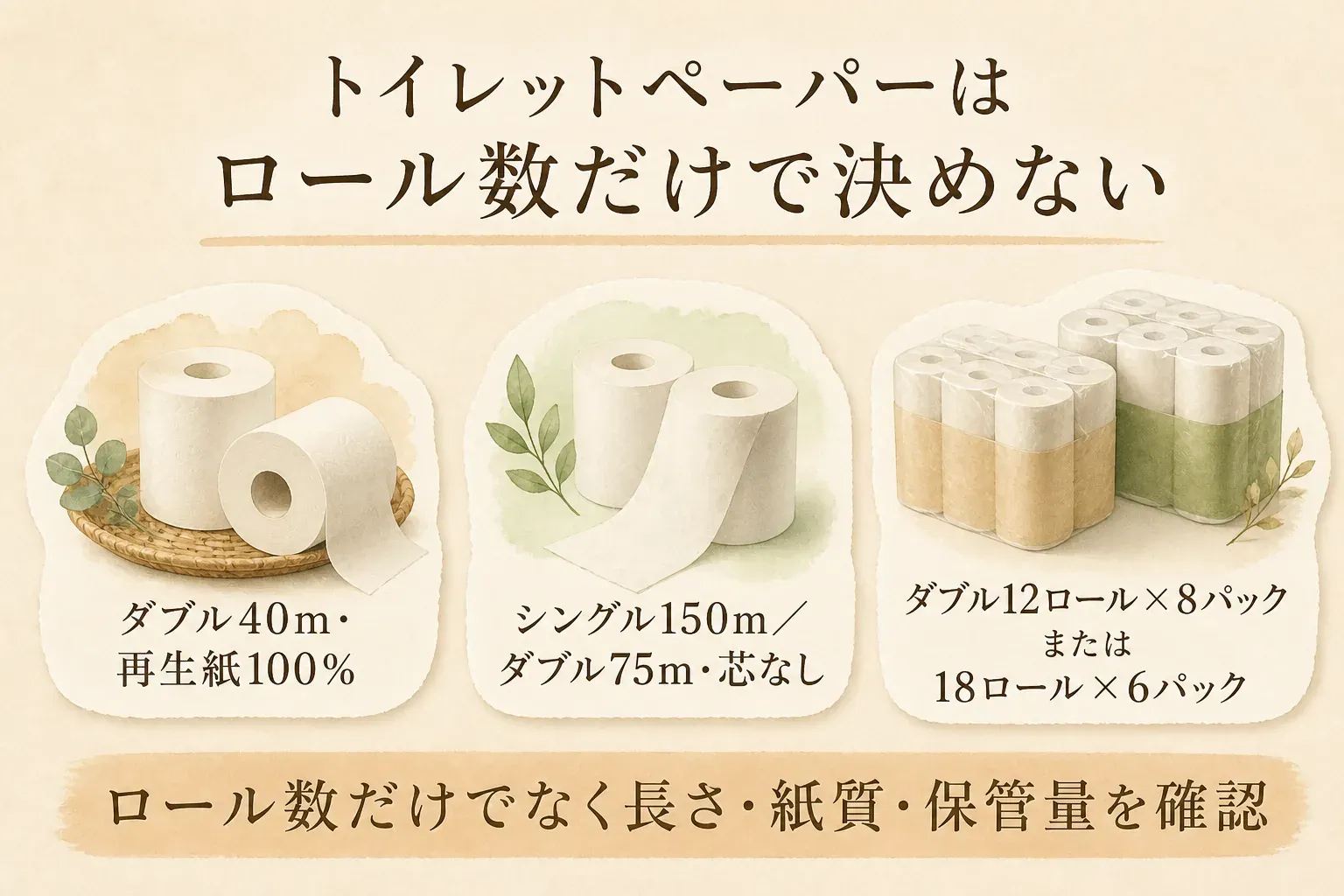 トイレットペーパーはロール数だけで決めないことを示す図。富士市のダブル40m・再生紙100％、泉南市のシングル150mまたはダブル75m・芯なし、一関市のダブル12ロール×8パックまたは18ロール×6パックを例に、長さ・紙質・保管量を確認するよう案内している