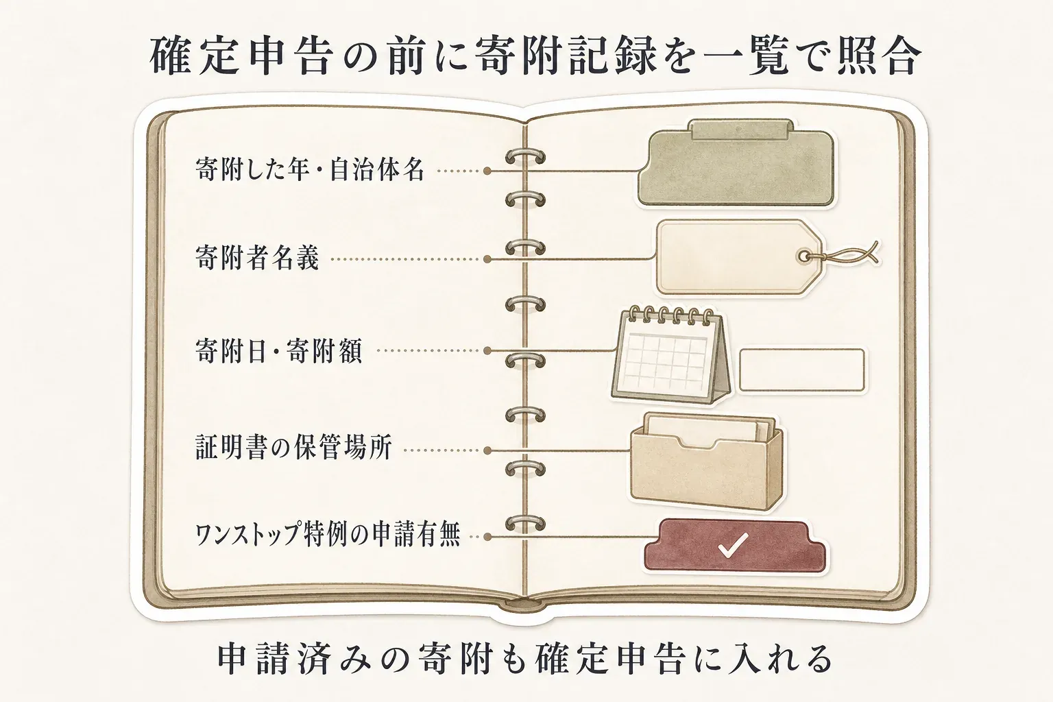 確定申告の前に寄附記録を一覧で照合する図。寄附した年・自治体名、寄附者名義、寄附日・寄附額、証明書の保管場所、ワンストップ特例の申請有無を記録し、申請済みの寄附も確定申告に入れることを示している