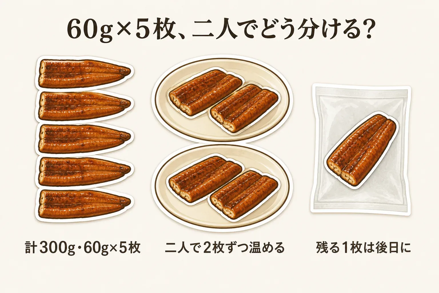 計300g・60g×5枚のカットうなぎ蒲焼を二人で分ける例。二人で2枚ずつ温め、残る1枚は後日に回すことを示す図