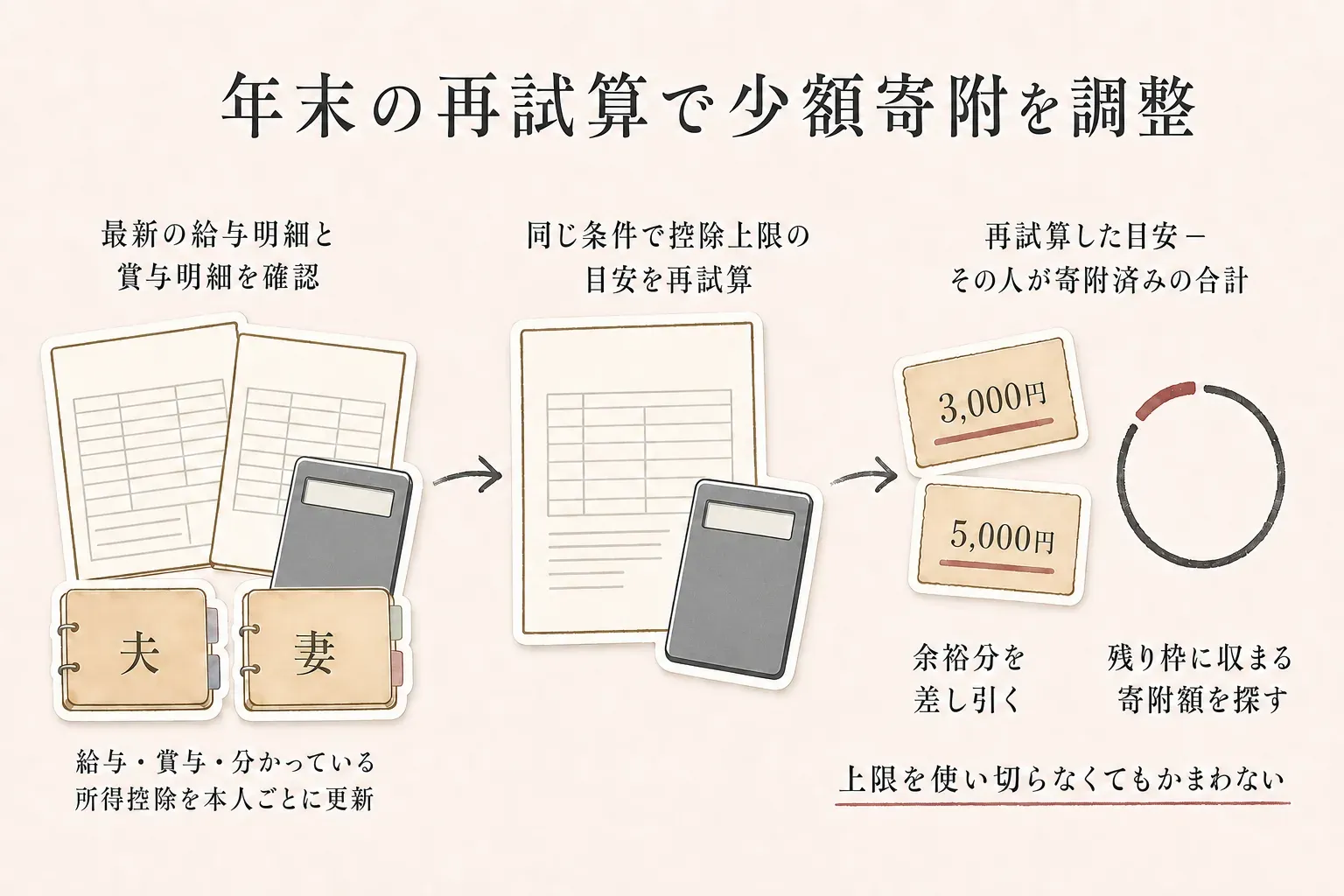 夫婦それぞれの最新の給与明細・賞与明細と分かっている所得控除を更新し、控除上限の目安を再試算する。再試算額から本人が寄附済みの合計と余裕分を差し引き、残り枠に収まる3,000円・5,000円などの少額寄附を探す年末調整の流れ。上限を使い切らなくてもよい