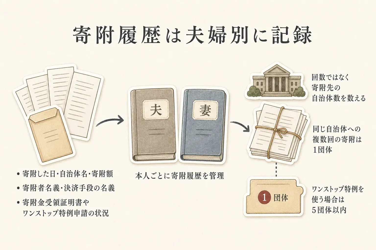 夫婦別に寄附履歴を記録する図。寄附した日・自治体名・寄附額、寄附者名義・決済手段の名義、寄附金受領証明書やワンストップ特例申請の状況を本人ごとに管理する。寄附回数ではなく寄附先の自治体数を数え、同じ自治体への複数回の寄附は1団体として扱い、ワンストップ特例を使う場合は5団体以内にする
